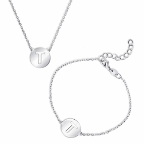 Sterling Silver Shiny 'T' Disc Initial Bracelet and Necklace Set