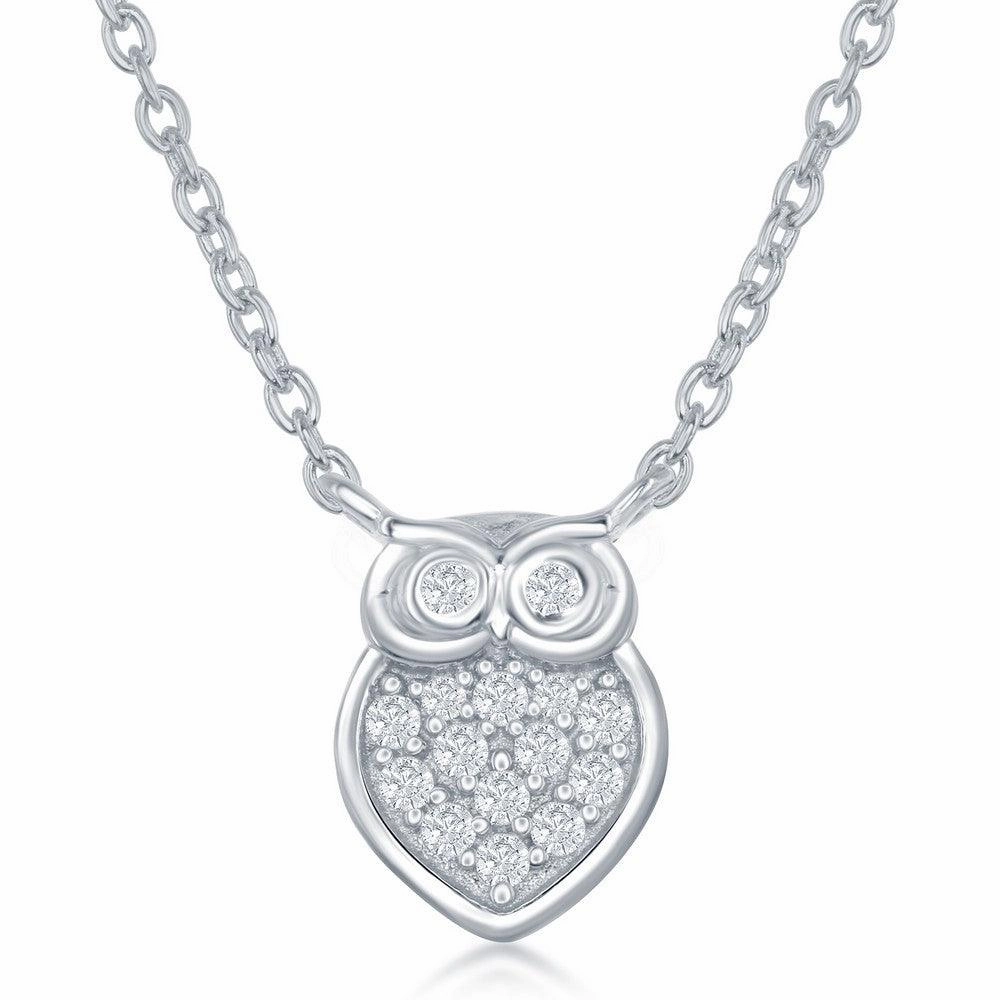 Sterling Silver Small Micro Pave Owl Necklace and Earrings Set