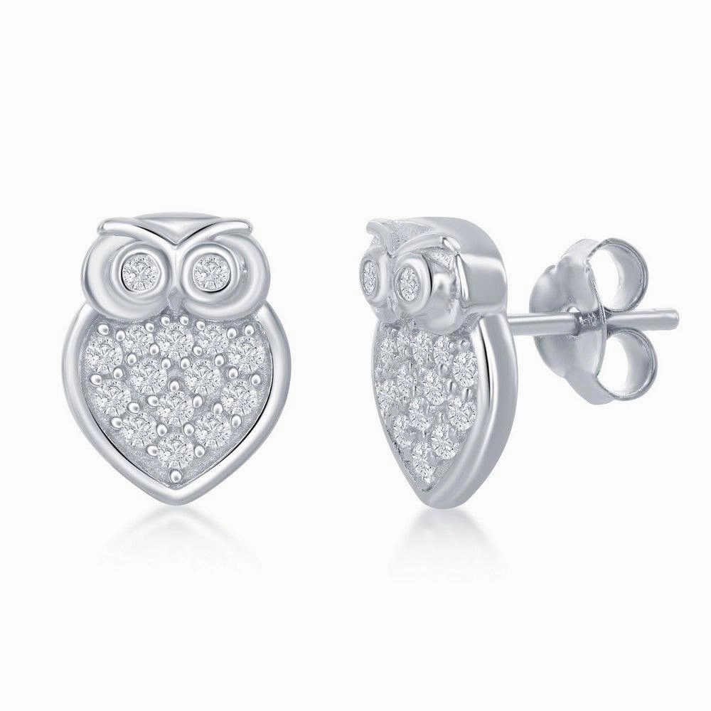 Sterling Silver Small Micro Pave Owl Necklace and Earrings Set