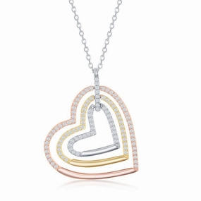 Sterling Silver Tri Color Triple Open CZ Heart Necklace