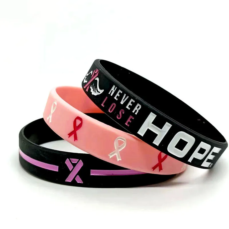 Wholesale 1000pcs Caring for Womens Health Pink Ribbon Promotion Prevention Awareness Breast Gland Silicone Bracelet
