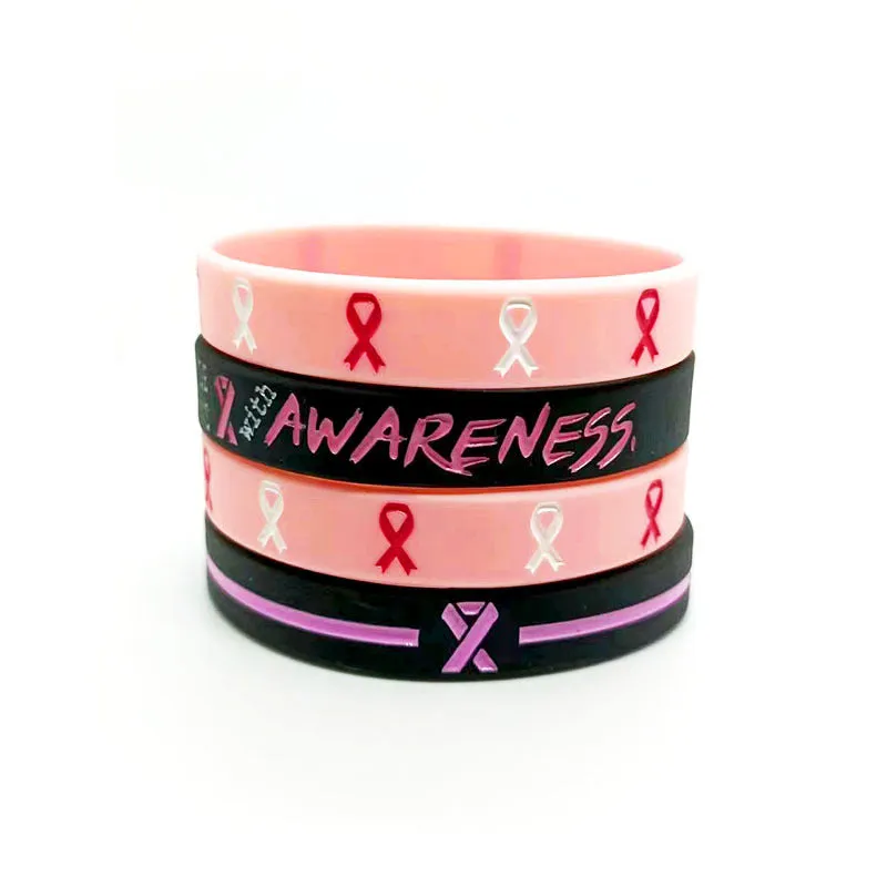 Wholesale 1000pcs Caring for Womens Health Pink Ribbon Promotion Prevention Awareness Breast Gland Silicone Bracelet