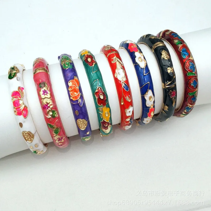 Wholesale 12pcs Cloisonne Children's and Adult's Thin and Wide Flower Bracelets