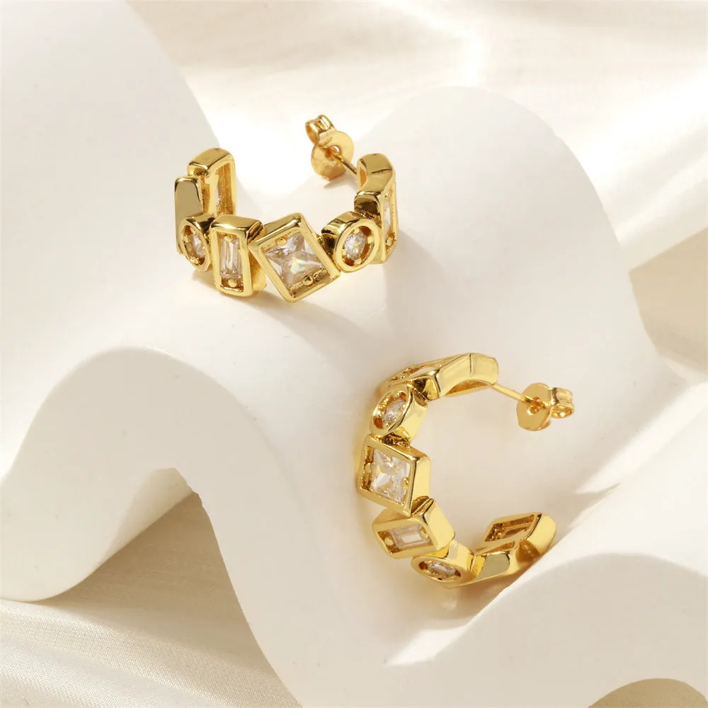 Wholesale 18K Copper Gold Plated Zircon C-shaped Earrings