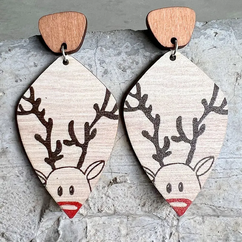 Wholesale 2 Pair/Pack Bohemian Vintage Wood Texture Christmas Deer Cute Plant Earrings