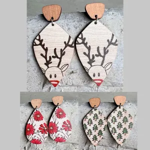 Wholesale 2 Pair/Pack Bohemian Vintage Wood Texture Christmas Deer Cute Plant Earrings