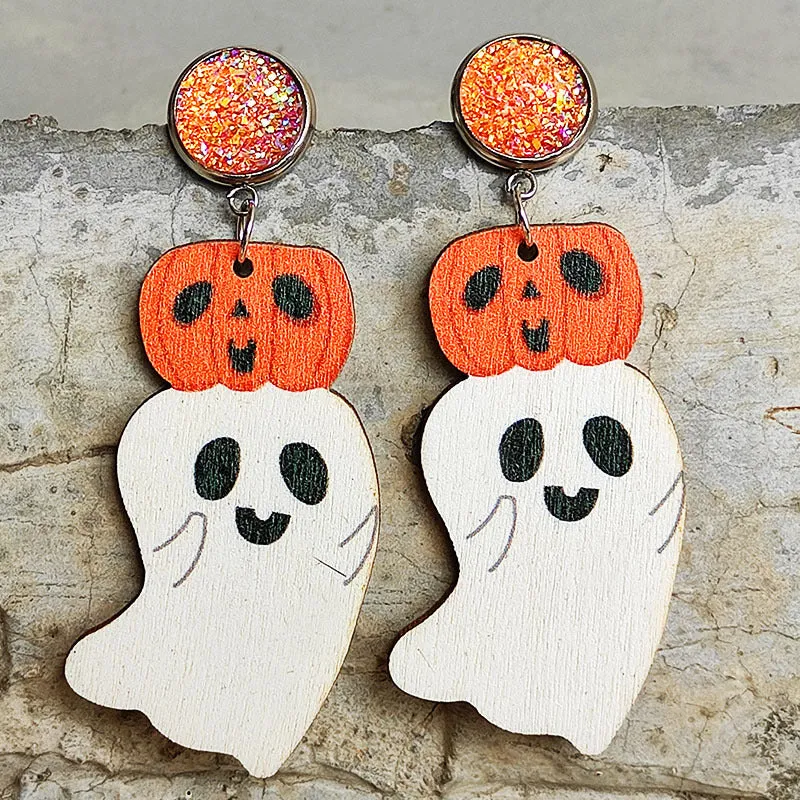 Wholesale 2 Pair/Pack Halloween Pumpkin Reading Ghost Bowknot Wooden Earrings