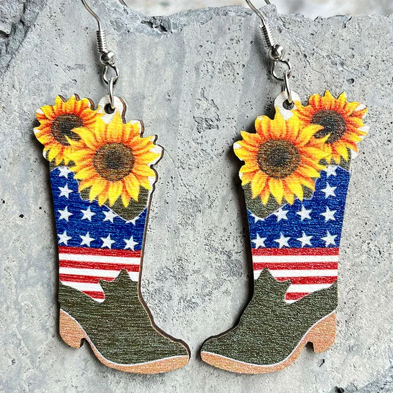 Wholesale 2 Pairs/Pack American Independence Day Western Style Wooden Earrings