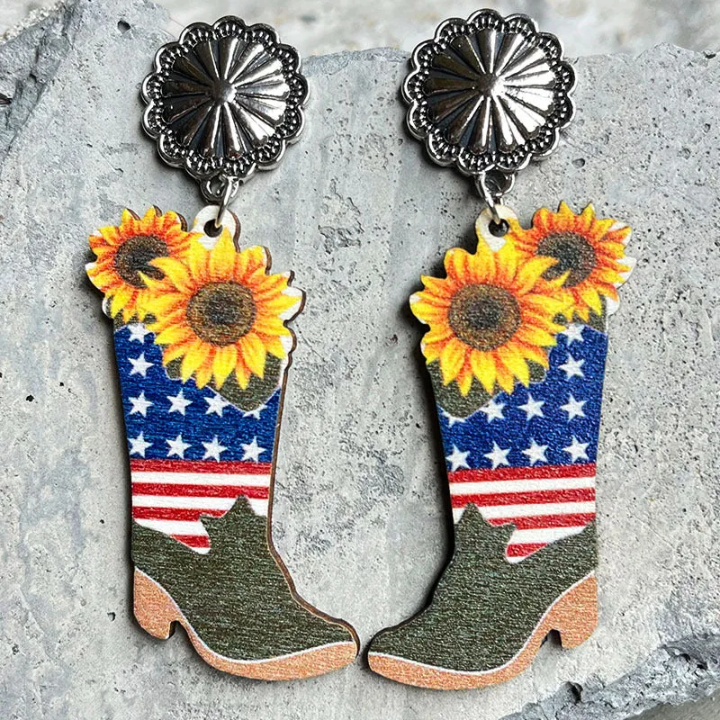 Wholesale 2 Pairs/Pack American Independence Day Western Style Wooden Earrings