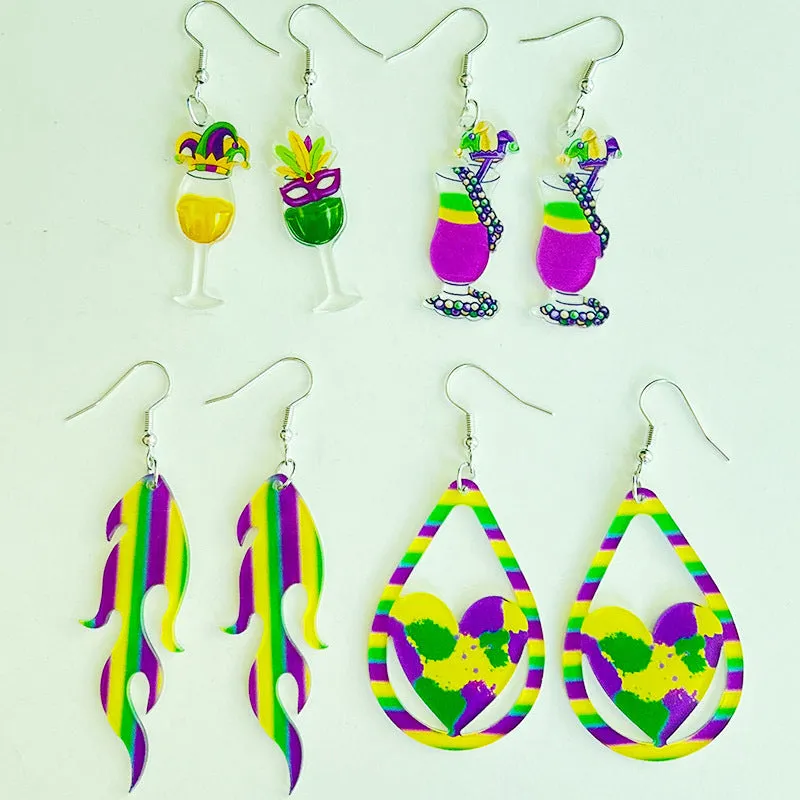 Wholesale 2 Pairs/pack Carnival Shiny Gleaming Leather Triple Layer  Mardi Gras Earrings