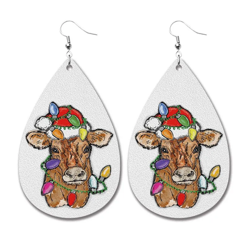 Wholesale 2 Pairs/pack Christmas Cow Elk Santa Claus Leopard Print Leather Earrings