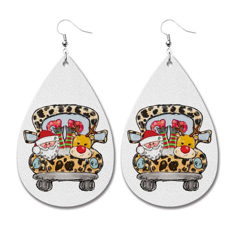 Wholesale 2 Pairs/pack Christmas Cow Elk Santa Claus Leopard Print Leather Earrings