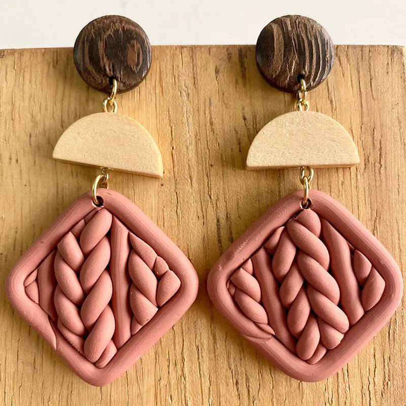 Wholesale 2 Pairs/pack Handmade Geometric Woven Geometric Embossed Polymer Earrings