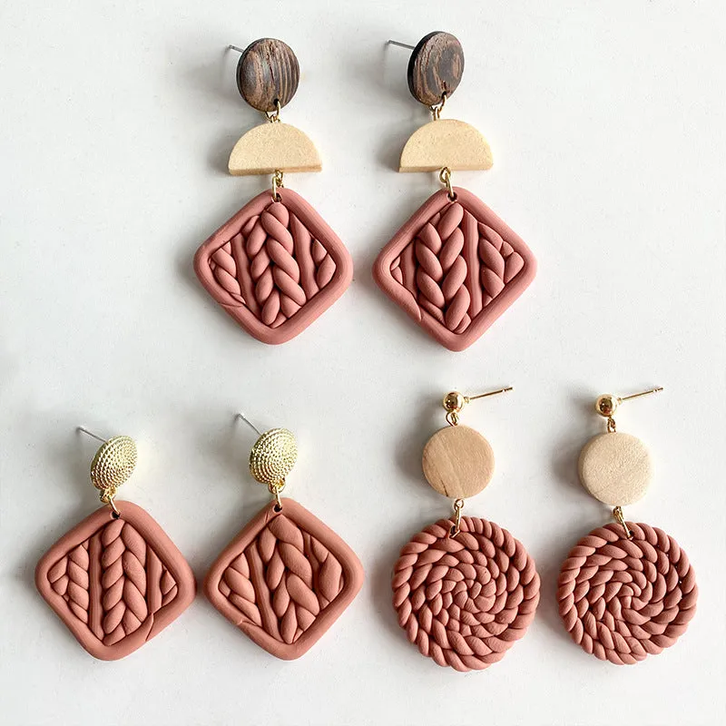 Wholesale 2 Pairs/pack Handmade Geometric Woven Geometric Embossed Polymer Earrings