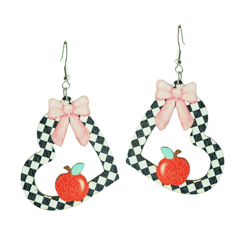 Wholesale 2 Pairs/Pack Heart Shape Bow Book Pencil Apple Wooden Earrings