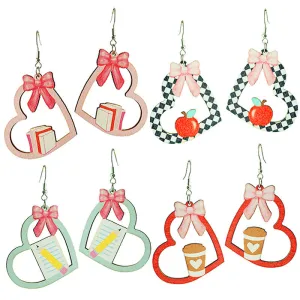 Wholesale 2 Pairs/Pack Heart Shape Bow Book Pencil Apple Wooden Earrings