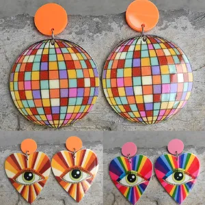 Wholesale 2 Pairs/Pack Heart Shape Eyes Rainbow Retro Disco Ball Acrylic Earrings