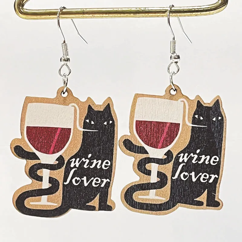 Wholesale 2 Pairs/pack Red Wine Party Drinking Cat Wooden Earrings