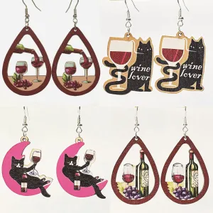 Wholesale 2 Pairs/pack Red Wine Party Drinking Cat Wooden Earrings