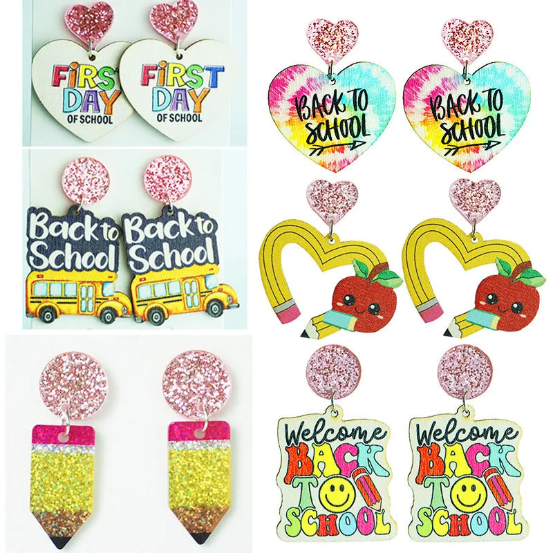 Wholesale 2 Pairs/Pack Shiny Pencil Tie Dye Heart Wooden Earrings