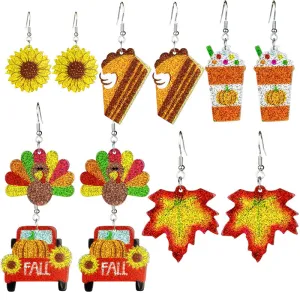Wholesale 2 Pairs/pack Shiny Thanksgiving Turkey Pumpkin Pie Maple Leaf Coffee Sunflower Earrings