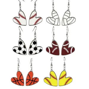 Wholesale 2 Pairs/pack Sports Season Football Rugby Basketball Baseball Leather Metal Heart Earrings