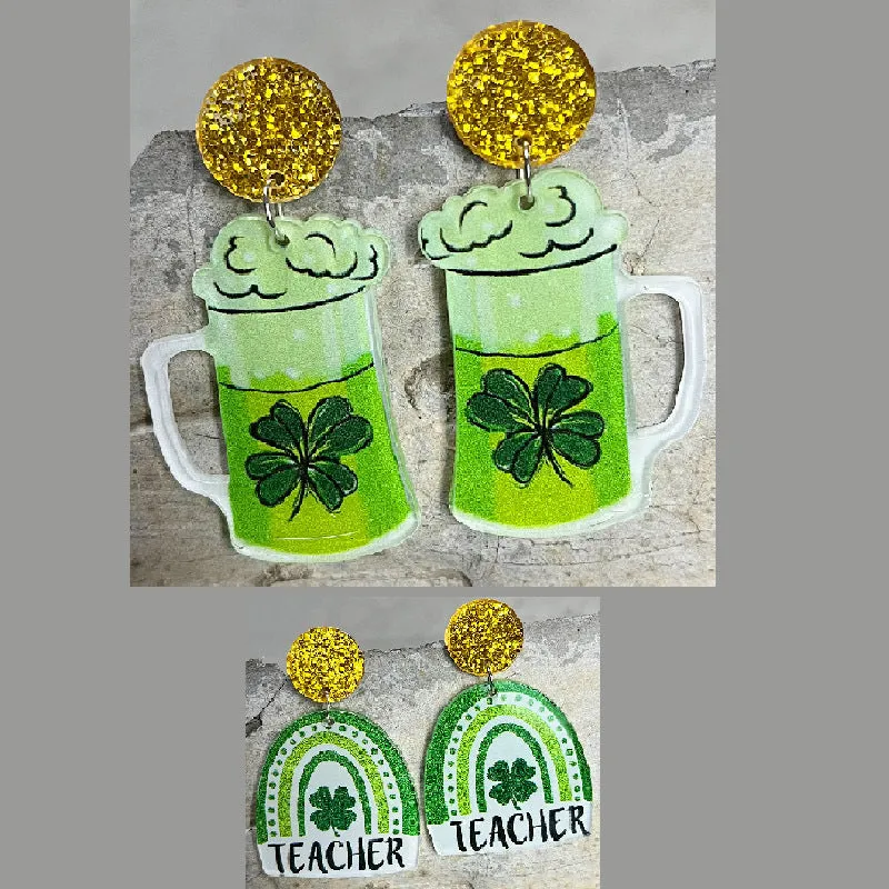 Wholesale 2 Pairs/pack St. Patrick's Day Clover Beer Rainbow Acrylic Earrings