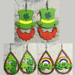 Wholesale 2 pairs/pack St. Patrick's Day Clover Green Rainbow Bearded Wooden Earrings