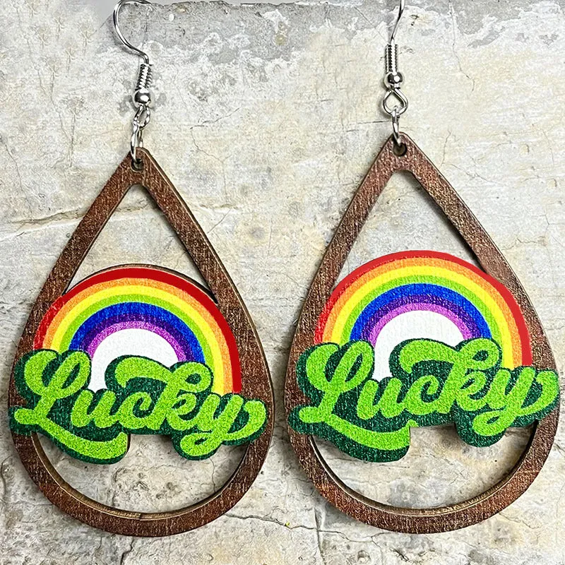 Wholesale 2 pairs/pack St. Patrick's Day Clover Green Rainbow Bearded Wooden Earrings
