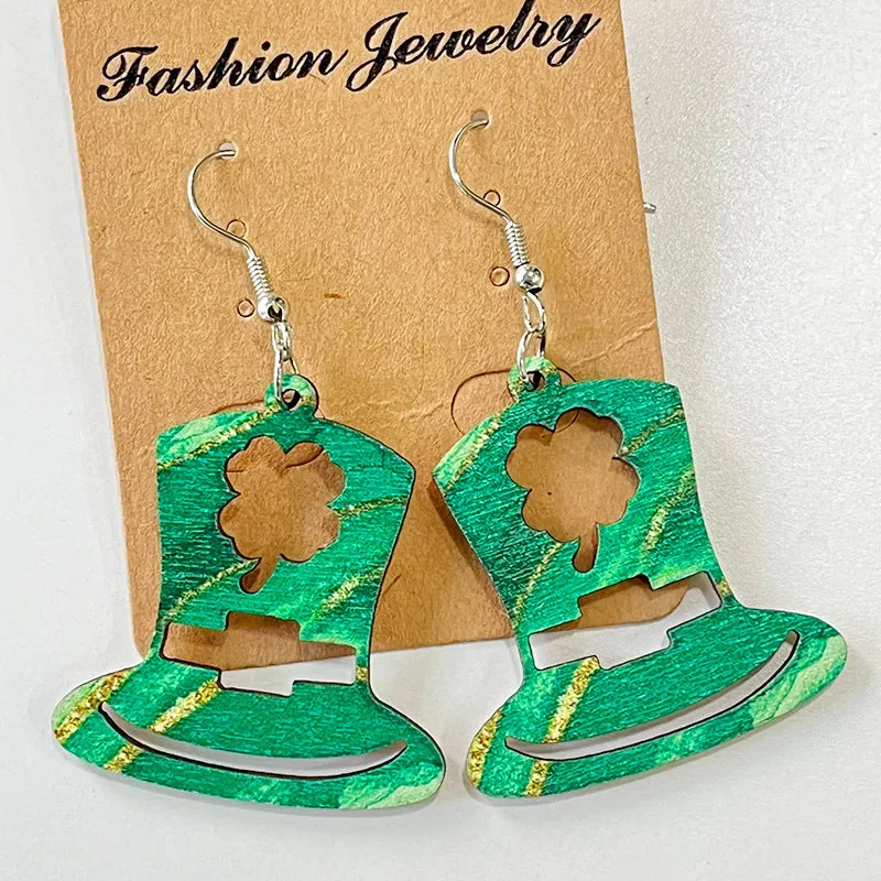 Wholesale 2 Pairs/pack St. Patrick's Day Hollow Wooden Earrings