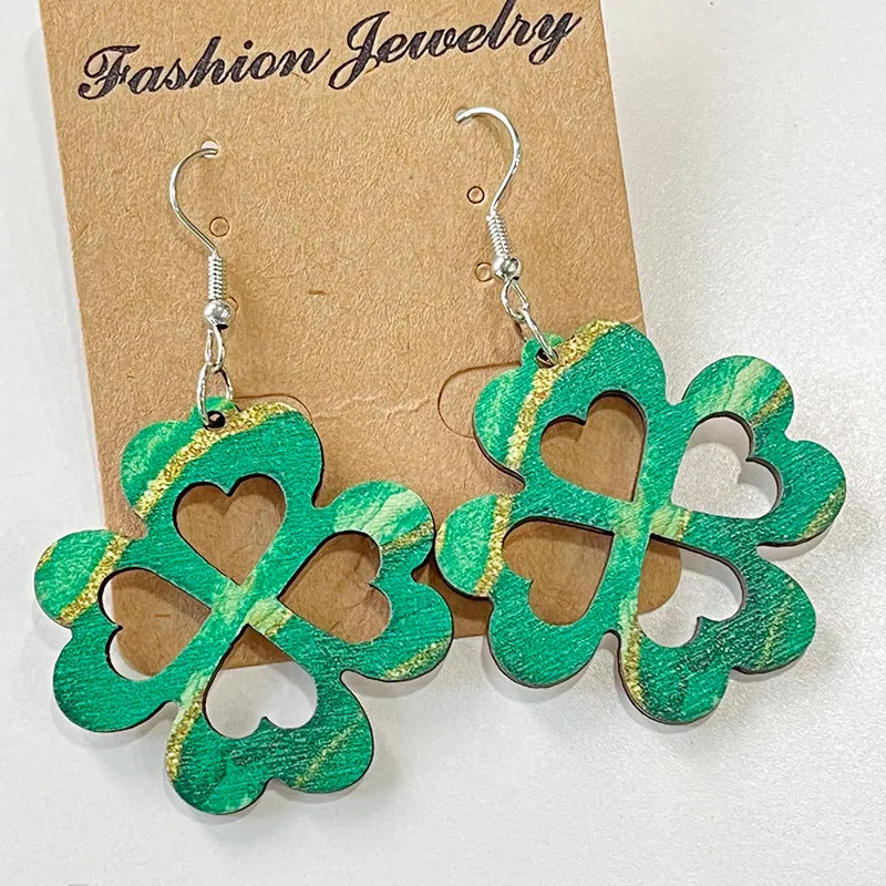 Wholesale 2 Pairs/pack St. Patrick's Day Hollow Wooden Earrings