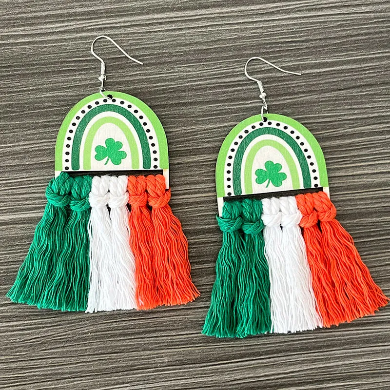 Wholesale 2 Pairs/pack St. Patrick's Day Rainbow Clover Braided Tassel Wooden Earrings