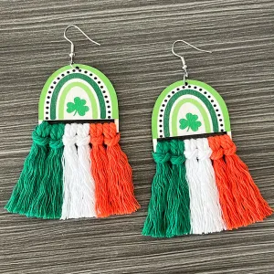 Wholesale 2 Pairs/pack St. Patrick's Day Rainbow Clover Braided Tassel Wooden Earrings