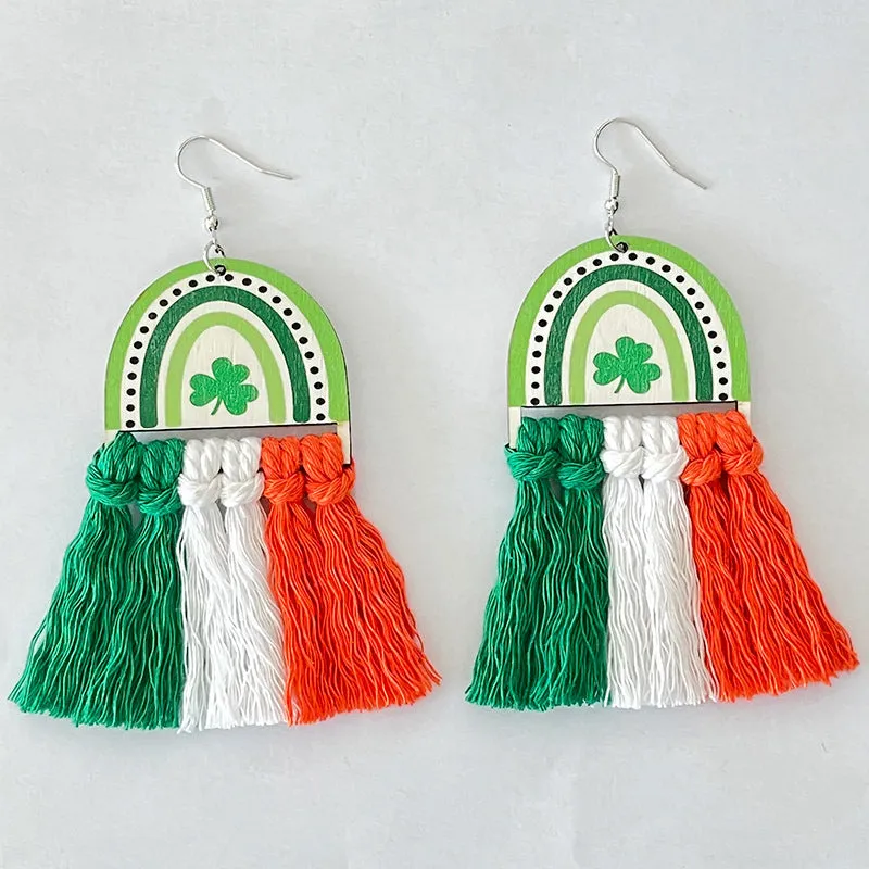 Wholesale 2 Pairs/pack St. Patrick's Day Rainbow Clover Braided Tassel Wooden Earrings