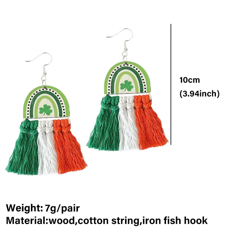 Wholesale 2 Pairs/pack St. Patrick's Day Rainbow Clover Braided Tassel Wooden Earrings