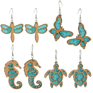 Wholesale 2 Pairs/Pack Summer Ocean Style Seahorse Butterfly Turtle Wooden Earrings