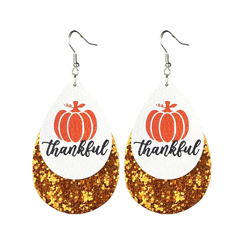 Wholesale 2 Pairs/pack Thanksgiving Double Leather Shiny Pumpkin Pie Coffee Turkey Earrings