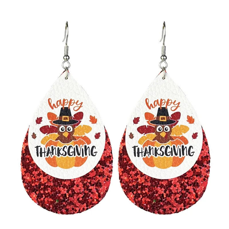 Wholesale 2 Pairs/pack Thanksgiving Double Leather Shiny Pumpkin Pie Coffee Turkey Earrings