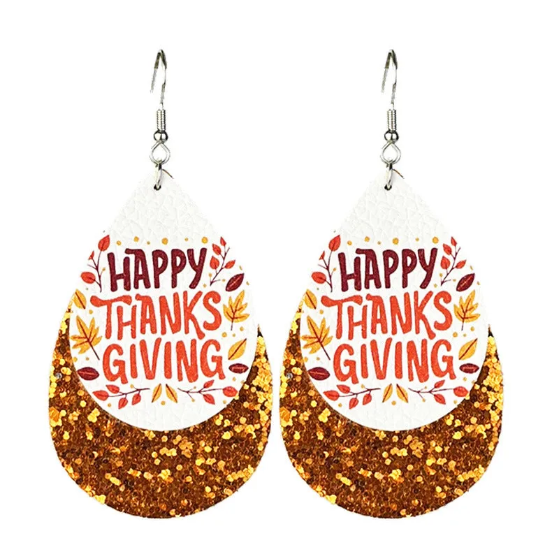 Wholesale 2 Pairs/pack Thanksgiving Double Leather Shiny Pumpkin Pie Coffee Turkey Earrings