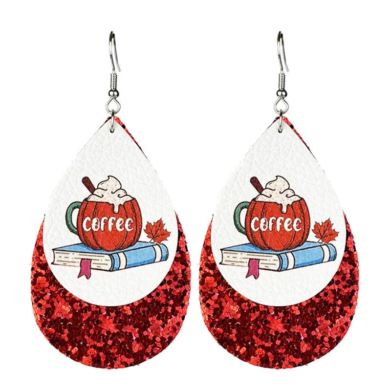 Wholesale 2 Pairs/pack Thanksgiving Double Leather Shiny Pumpkin Pie Coffee Turkey Earrings