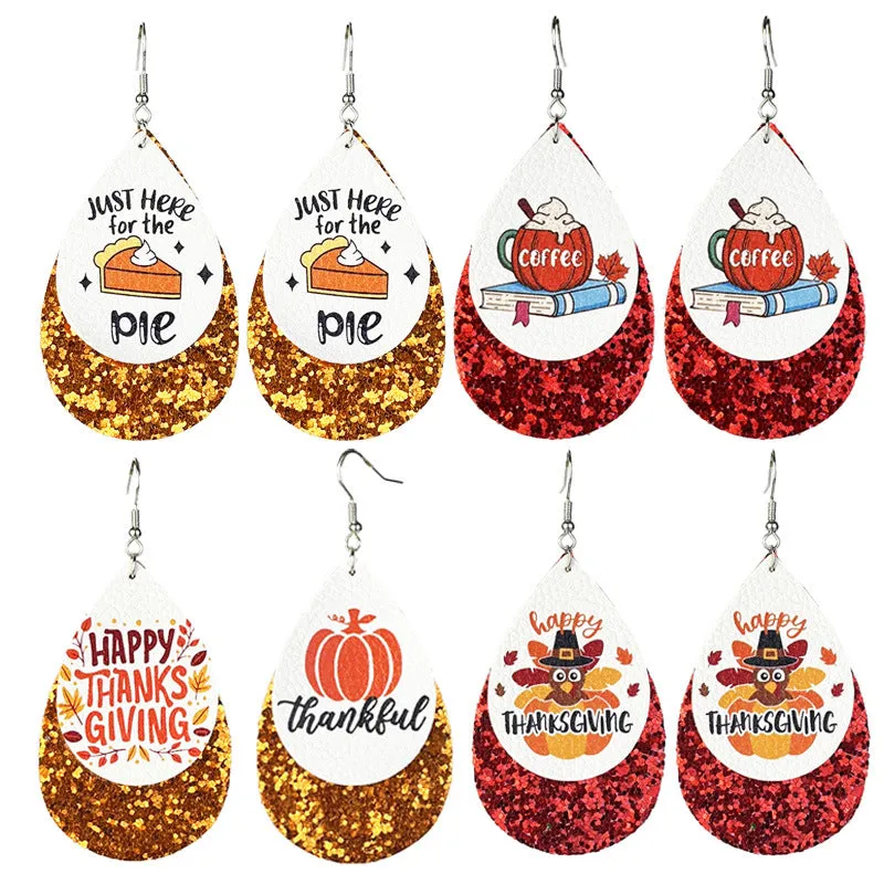 Wholesale 2 Pairs/pack Thanksgiving Double Leather Shiny Pumpkin Pie Coffee Turkey Earrings