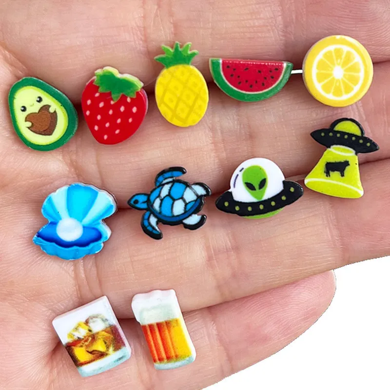 Wholesale 2 Pairs/Pack UFO Turtle Shell Strawberry Avocado Acrylic Earrings