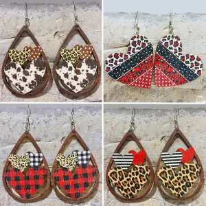 Wholesale 2 Pairs/pack Valentine's Day Hollow Heart Leopard Print Wooden Earrings