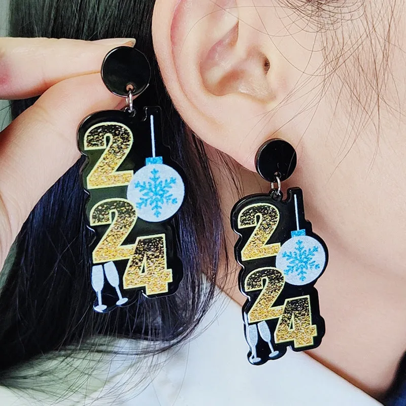 Wholesale 2024 New Year Five-Pointed Star Wine Glass Snowflake Acrylic Earrings