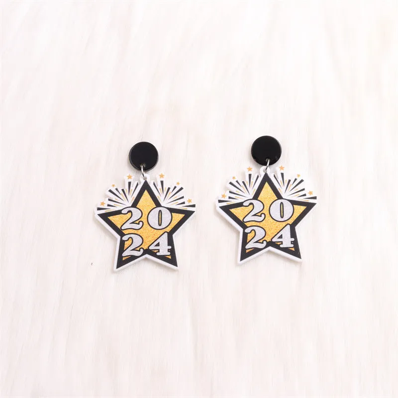 Wholesale 2024 New Year Five-Pointed Star Wine Glass Snowflake Acrylic Earrings