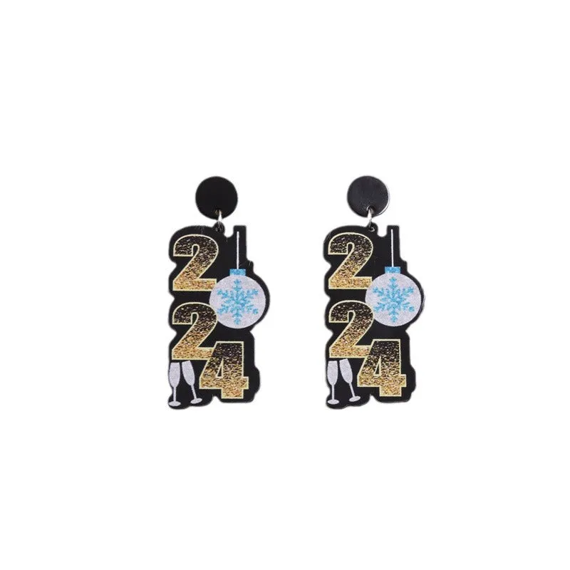 Wholesale 2024 New Year Five-Pointed Star Wine Glass Snowflake Acrylic Earrings