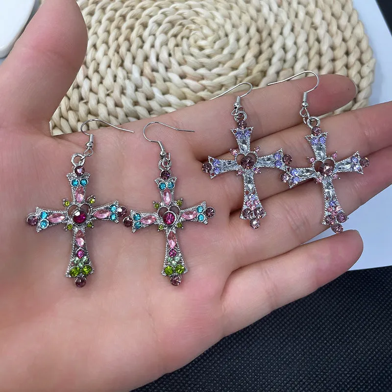 Wholesale 2pairs/pack Bohemian Style Crystal Diamond Color Cross Earrings