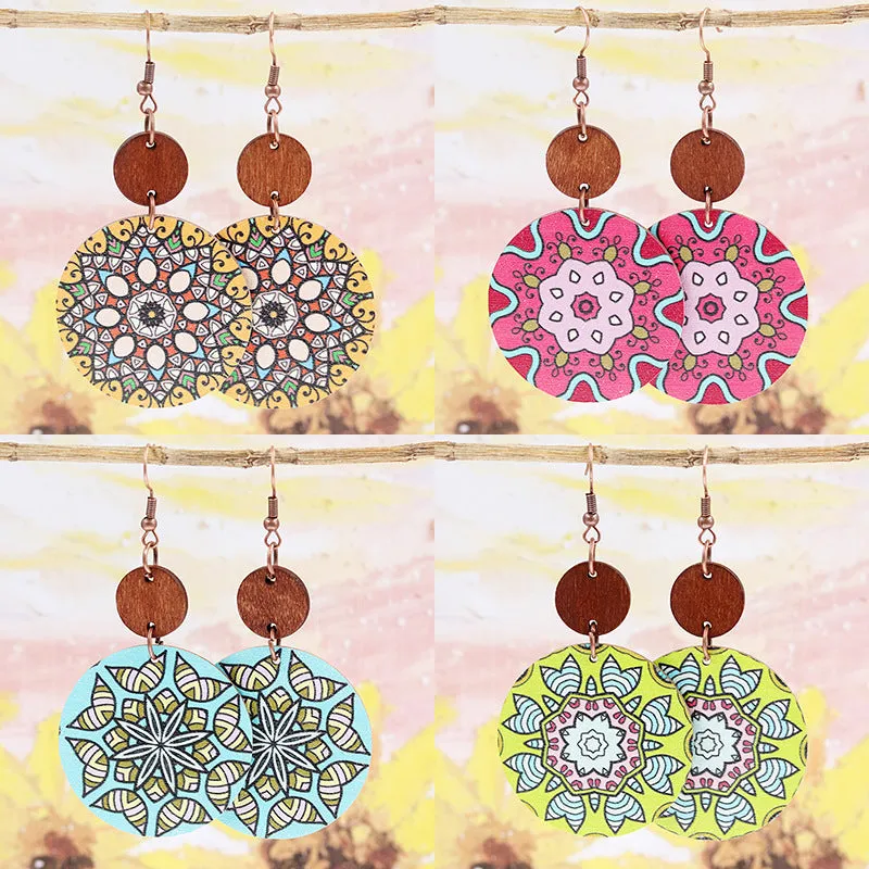 Wholesale 2pairs/pack Bohemian Style Spliced Mandala Flower Wooden Earrings
