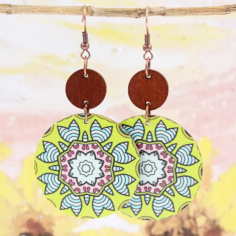 Wholesale 2pairs/pack Bohemian Style Spliced Mandala Flower Wooden Earrings