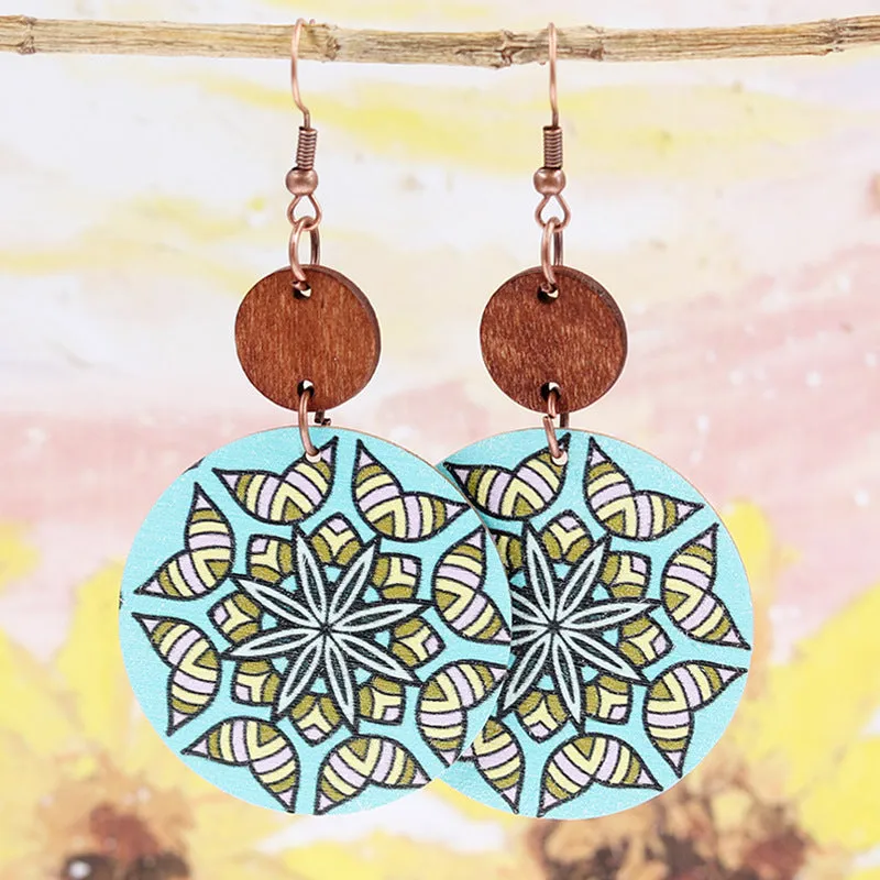 Wholesale 2pairs/pack Bohemian Style Spliced Mandala Flower Wooden Earrings